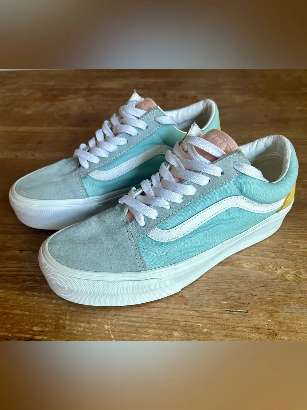 VANS Old Skool Platform Color Block Pastel Pink Yellow Blue Gray Women's 9